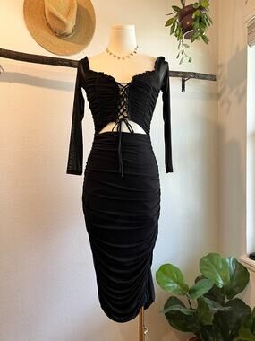 Shero Black Stretchy Ruched Semi Sheer Corset Long Sleeve Dress Size Medium